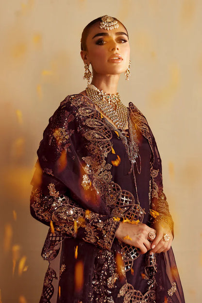 Wine Berry Purple Embroidered Raw Silk 3-Piece Suit | Pallu Embroidered Organza Dupatta & Trouser – Stitched Pakistani Dress UK | Shagna Khusbhu S-06 - View 6