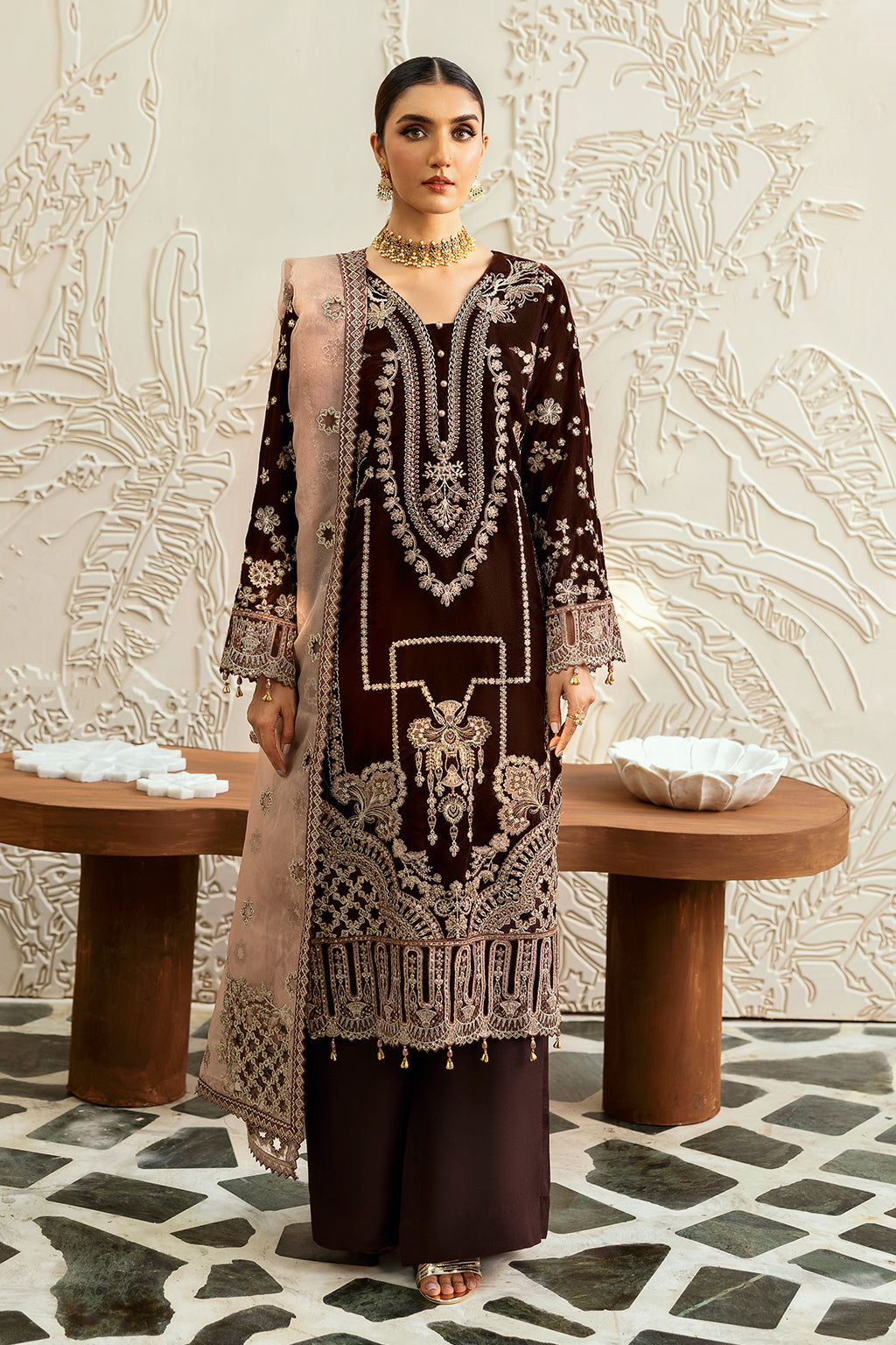 Chocolate Brown Embroidered Velvet 3-Piece Suit | Organza Dupatta & Raw Silk Trouser – Stitched Pakistani Winter Formal UK | Velvet Vol 6 V-606 - View 1