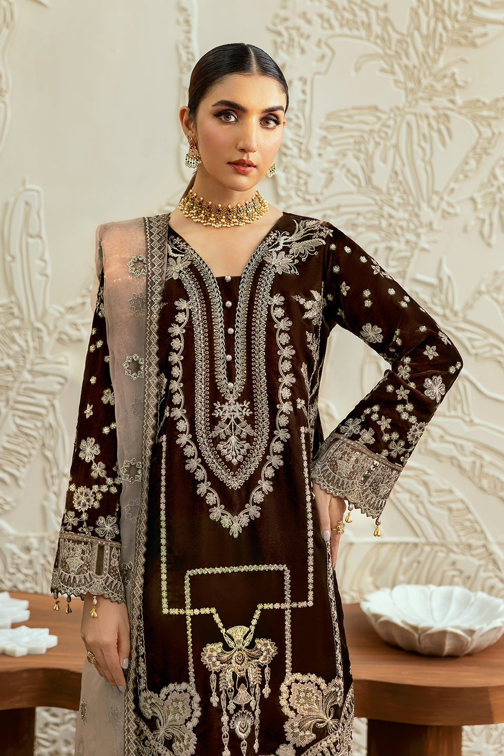 Chocolate Brown Embroidered Velvet 3-Piece Suit | Organza Dupatta & Raw Silk Trouser – Stitched Pakistani Winter Formal UK | Velvet Vol 6 V-606 - View 3