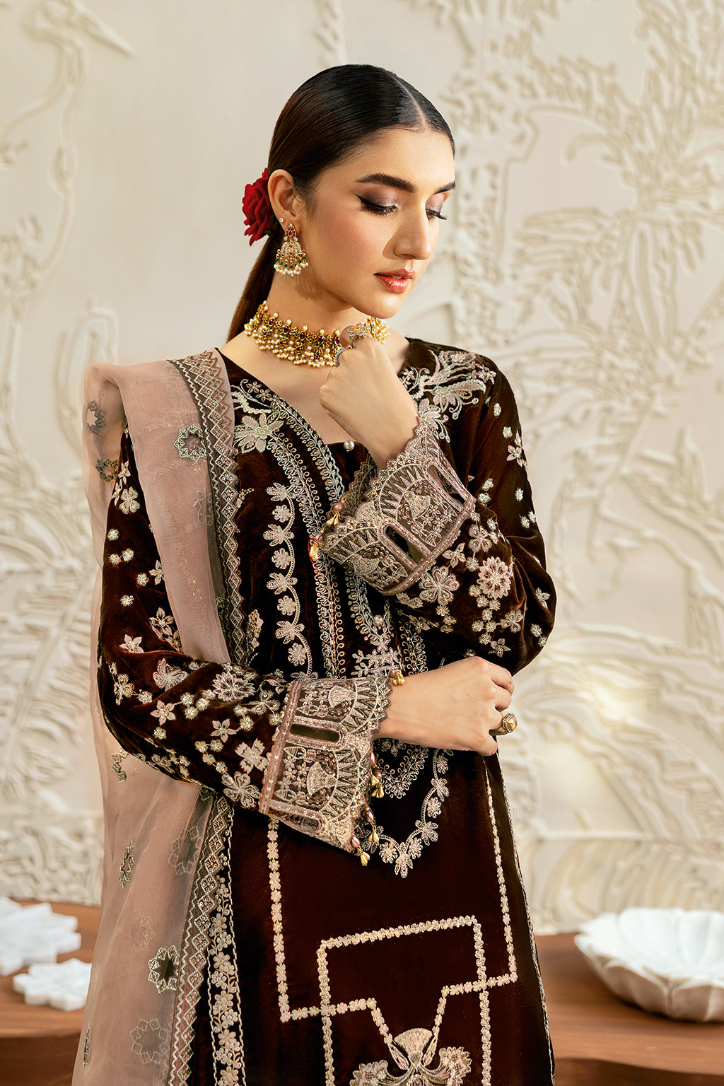 Chocolate Brown Embroidered Velvet 3-Piece Suit | Organza Dupatta & Raw Silk Trouser – Stitched Pakistani Winter Formal UK | Velvet Vol 6 V-606 - View 4