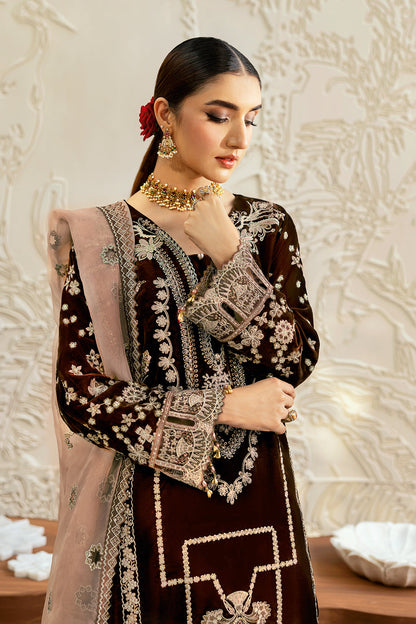 Chocolate Brown Embroidered Velvet 3-Piece Suit | Organza Dupatta & Raw Silk Trouser – Stitched Pakistani Winter Formal UK | Velvet Vol 6 V-606 - View 4