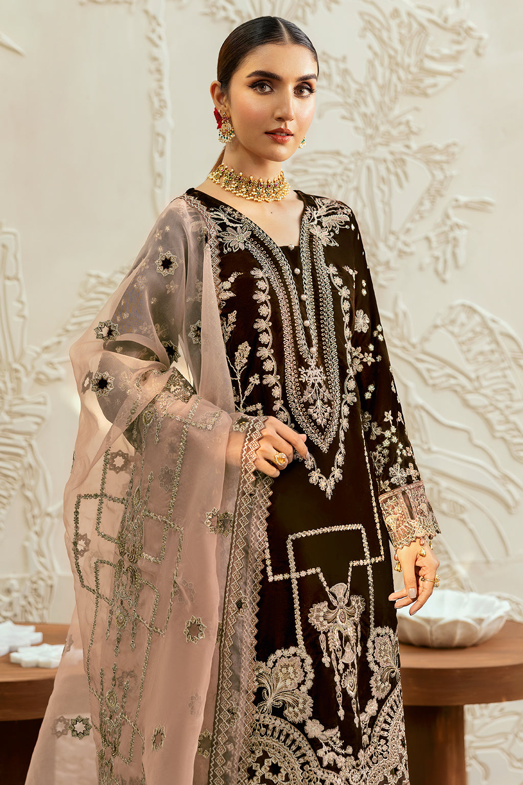 Chocolate Brown Embroidered Velvet 3-Piece Suit | Organza Dupatta & Raw Silk Trouser – Stitched Pakistani Winter Formal UK | Velvet Vol 6 V-606 - View 5