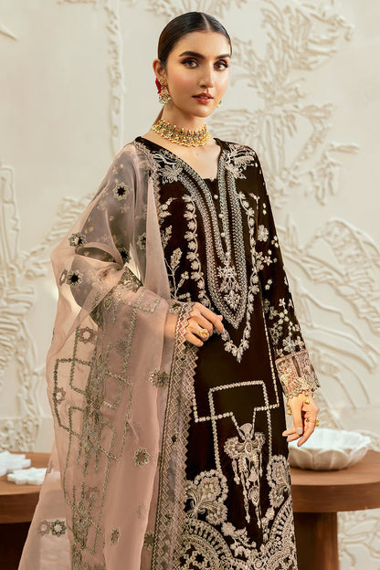 Chocolate Brown Embroidered Velvet 3-Piece Suit | Organza Dupatta & Raw Silk Trouser – Stitched Pakistani Winter Formal UK | Velvet Vol 6 V-606 - View 5