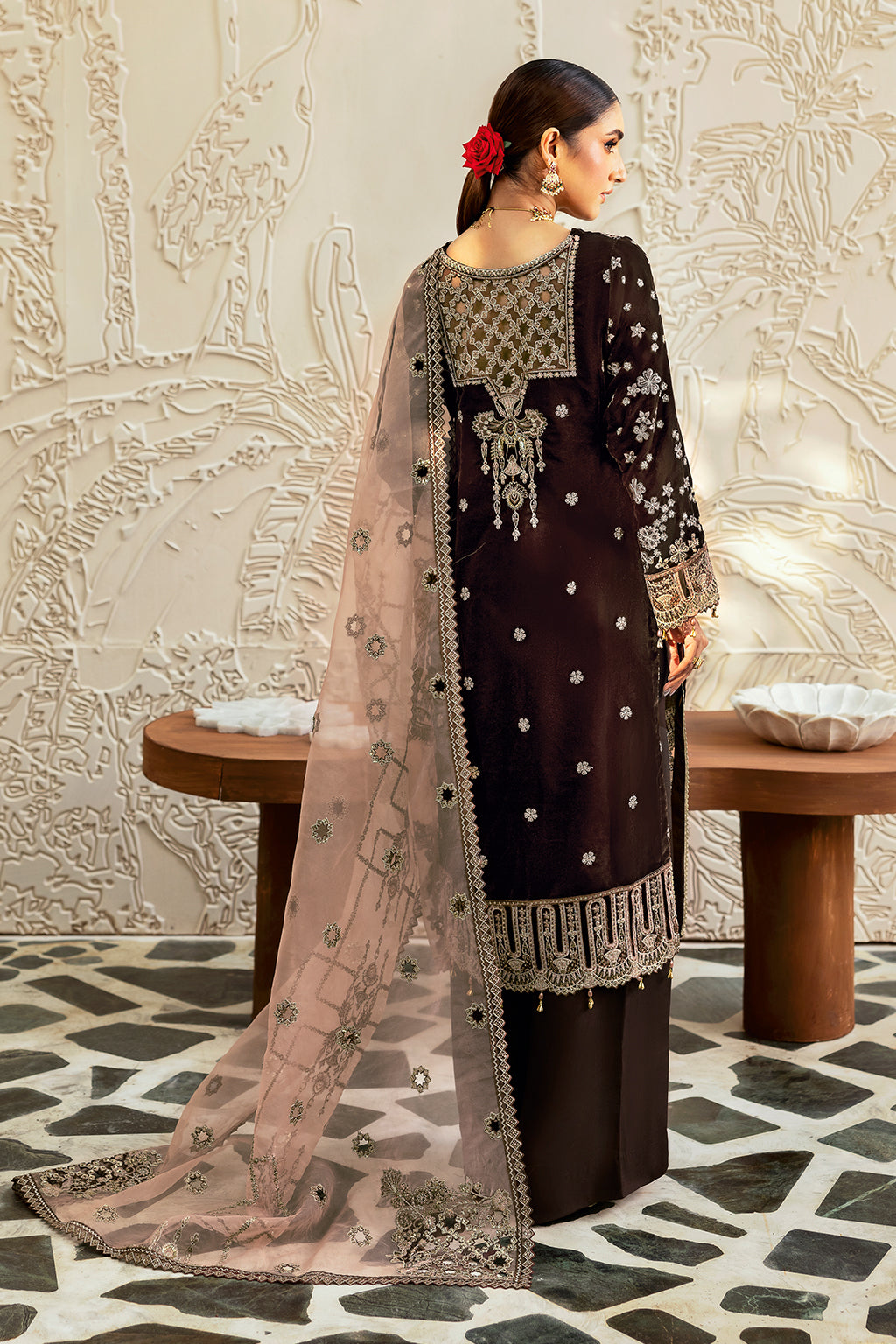 Chocolate Brown Embroidered Velvet 3-Piece Suit | Organza Dupatta & Raw Silk Trouser – Stitched Pakistani Winter Formal UK | Velvet Vol 6 V-606 - View 2