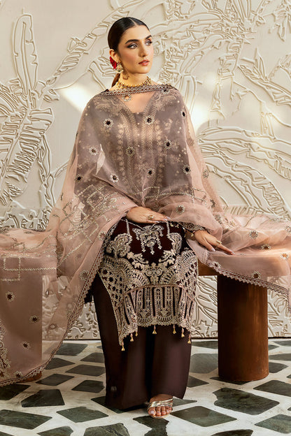 Chocolate Brown Embroidered Velvet 3-Piece Suit | Organza Dupatta & Raw Silk Trouser – Stitched Pakistani Winter Formal UK | Velvet Vol 6 V-606 - View 6