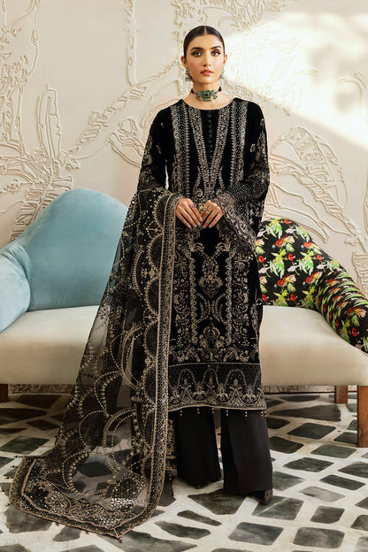 Black Embroidered Velvet 3-Piece Suit | Organza Dupatta & Raw Silk Trouser – Stitched Pakistani Winter Luxury Formal UK | Velvet Vol 6 V-603 - View 1