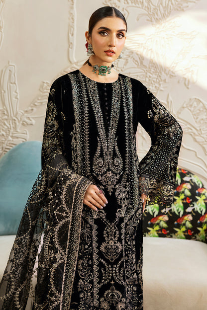Black Embroidered Velvet 3-Piece Suit | Organza Dupatta & Raw Silk Trouser – Stitched Pakistani Winter Luxury Formal UK | Velvet Vol 6 V-603 - View 6