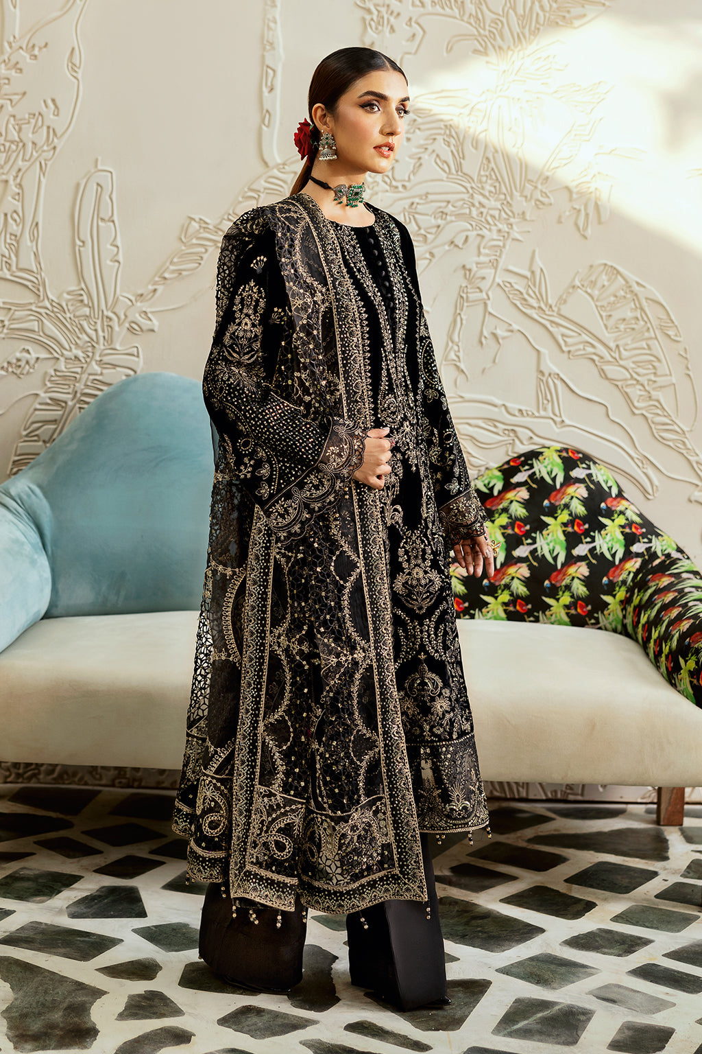Black Embroidered Velvet 3-Piece Suit | Organza Dupatta & Raw Silk Trouser – Stitched Pakistani Winter Luxury Formal UK | Velvet Vol 6 V-603 - View 7