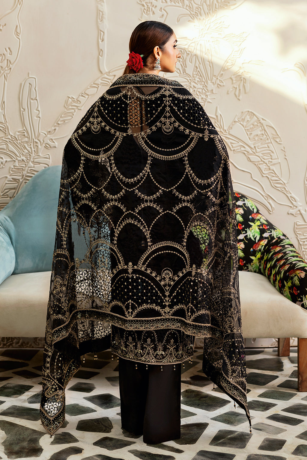 Black Embroidered Velvet 3-Piece Suit | Organza Dupatta & Raw Silk Trouser – Stitched Pakistani Winter Luxury Formal UK | Velvet Vol 6 V-603 - View 3