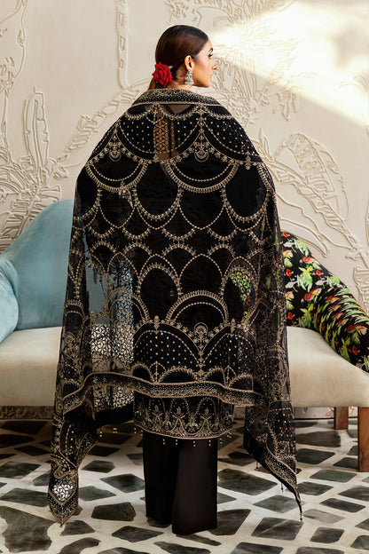 Black Embroidered Velvet 3-Piece Suit | Organza Dupatta & Raw Silk Trouser – Stitched Pakistani Winter Luxury Formal UK | Velvet Vol 6 V-603 - View 3