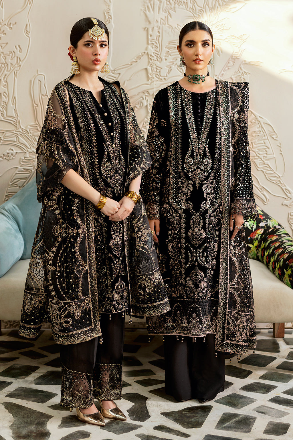 Black Embroidered Velvet 3-Piece Suit | Organza Dupatta & Raw Silk Trouser – Stitched Pakistani Winter Luxury Formal UK | Velvet Vol 6 V-603 - View 4