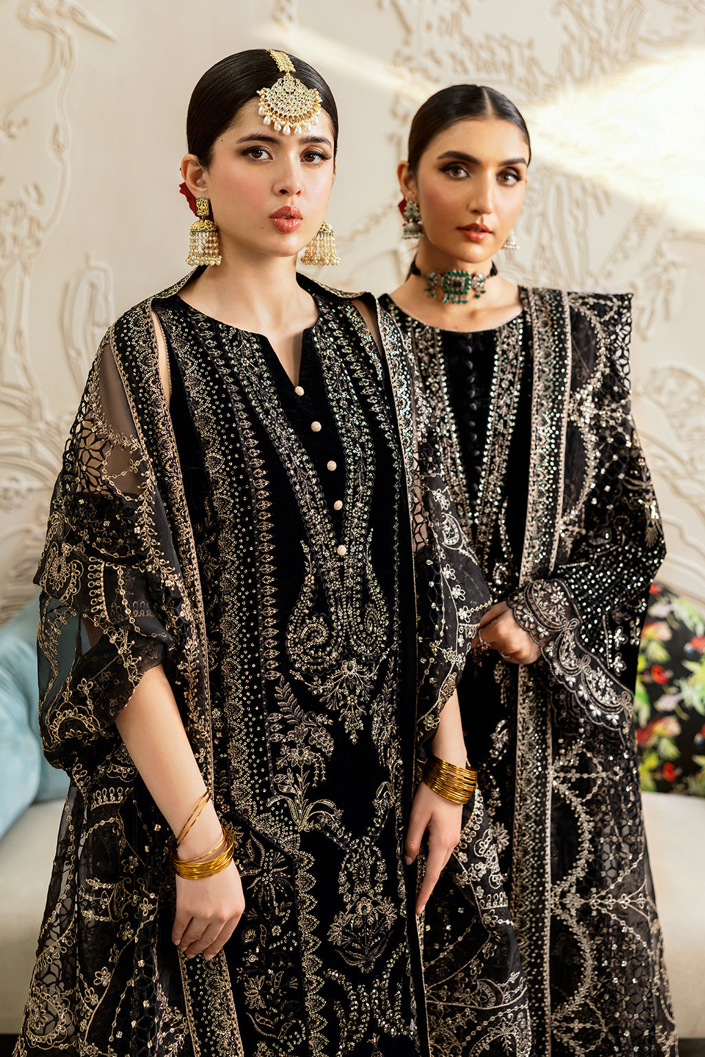 Black Embroidered Velvet 3-Piece Suit | Organza Dupatta & Raw Silk Trouser – Stitched Pakistani Winter Luxury Formal UK | Velvet Vol 6 V-603 - View 2