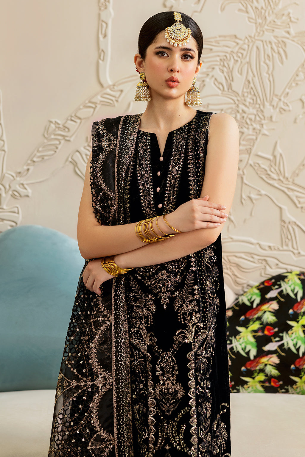Black Embroidered Velvet 3-Piece Suit | Organza Dupatta & Raw Silk Trouser – Stitched Pakistani Winter Luxury Formal UK | Velvet Vol 6 V-603 - View 9