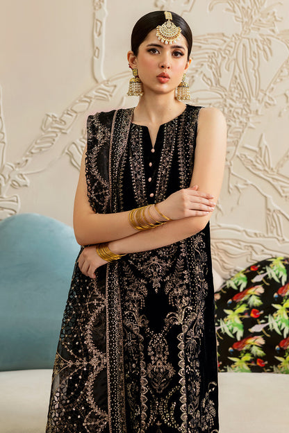 Black Embroidered Velvet 3-Piece Suit | Organza Dupatta & Raw Silk Trouser – Stitched Pakistani Winter Luxury Formal UK | Velvet Vol 6 V-603 - View 9