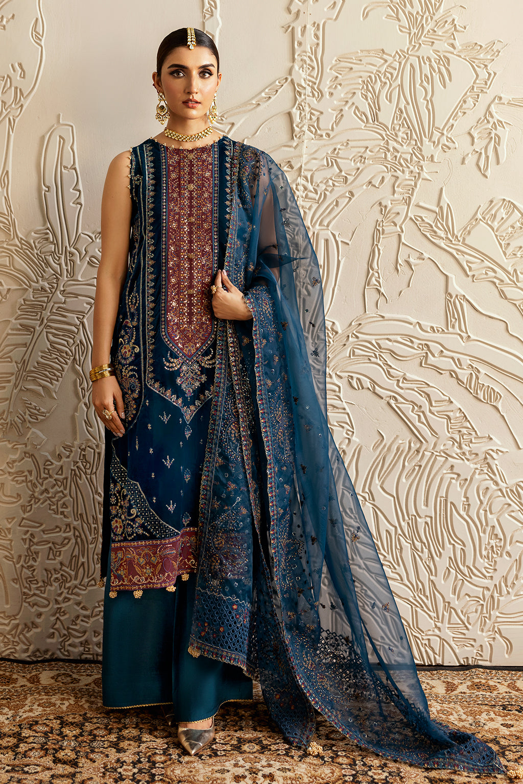 Dark Teal Embroidered Velvet 3-Piece Suit | Organza Dupatta & Raw Silk Trouser – Ready to Wear Pakistani Winter Formal UK | Velvet Vol 6 V-604 - View 1