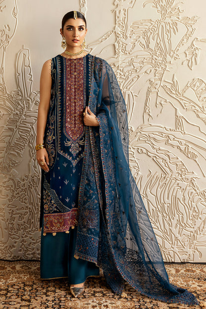 Dark Teal Embroidered Velvet 3-Piece Suit | Organza Dupatta & Raw Silk Trouser – Ready to Wear Pakistani Winter Formal UK | Velvet Vol 6 V-604 - View 1