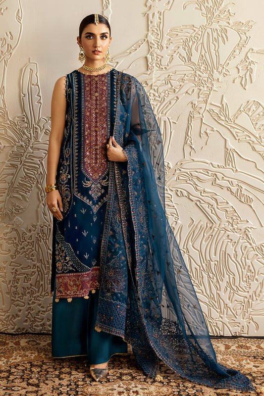 Dark Teal Embroidered Velvet 3-Piece Suit | Organza Dupatta & Raw Silk Trouser – Ready to Wear Pakistani Winter Formal UK | Velvet Vol 6 V-604 - View 1