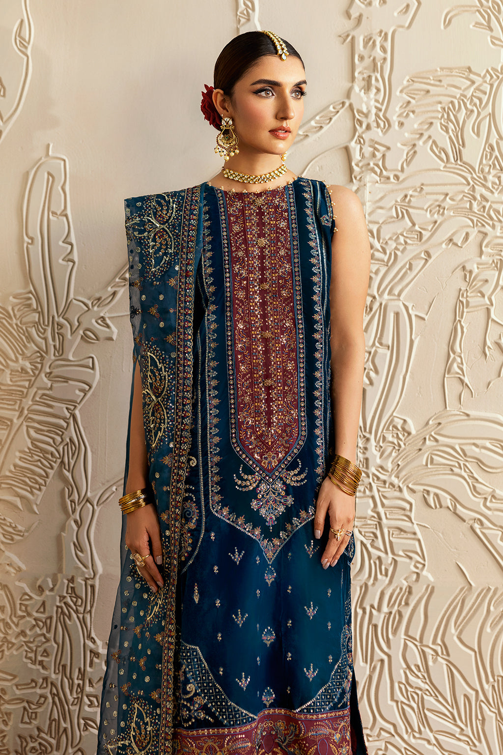 Dark Teal Embroidered Velvet 3-Piece Suit | Organza Dupatta & Raw Silk Trouser – Ready to Wear Pakistani Winter Formal UK | Velvet Vol 6 V-604 - View 6