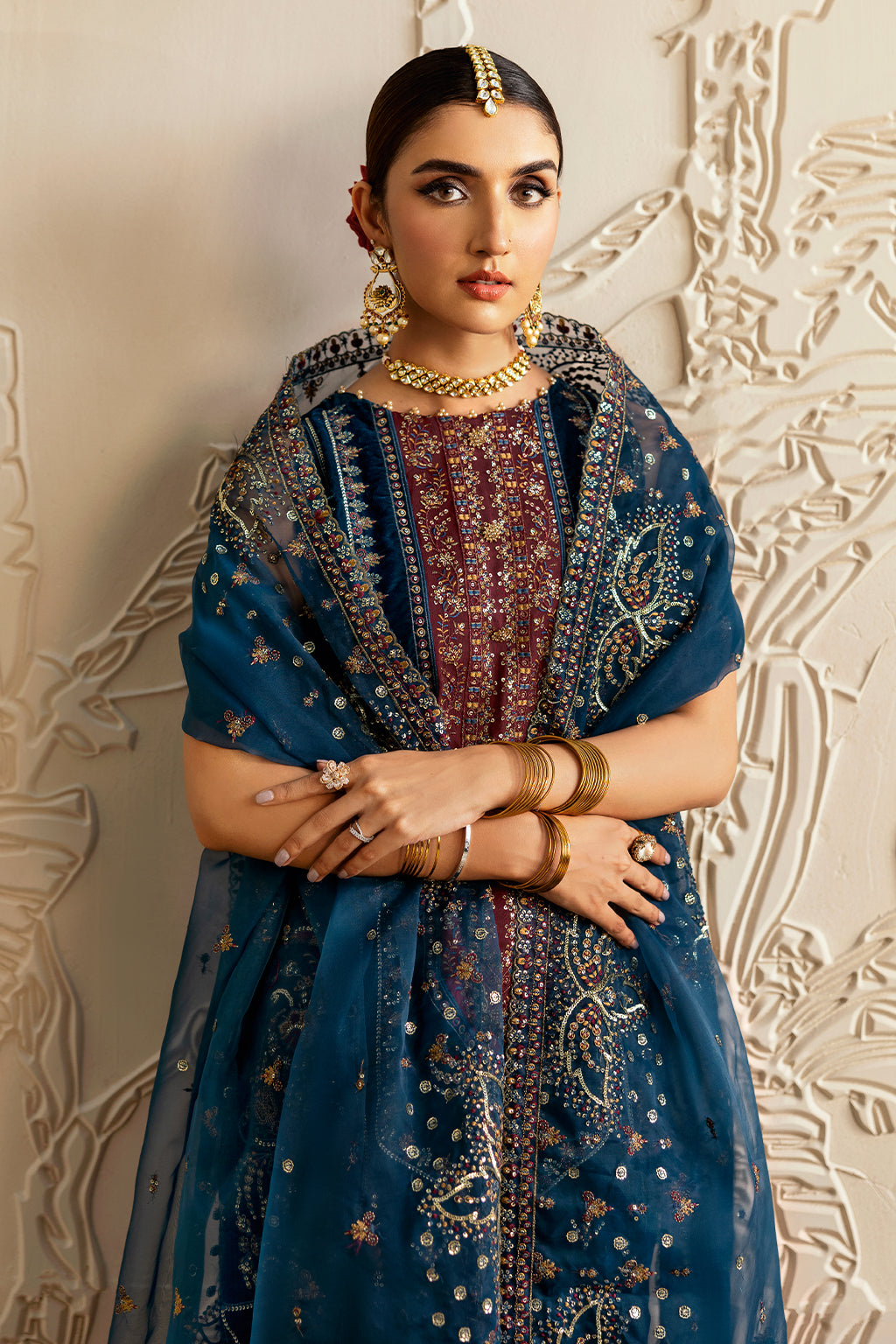 Dark Teal Embroidered Velvet 3-Piece Suit | Organza Dupatta & Raw Silk Trouser – Ready to Wear Pakistani Winter Formal UK | Velvet Vol 6 V-604 - View 4