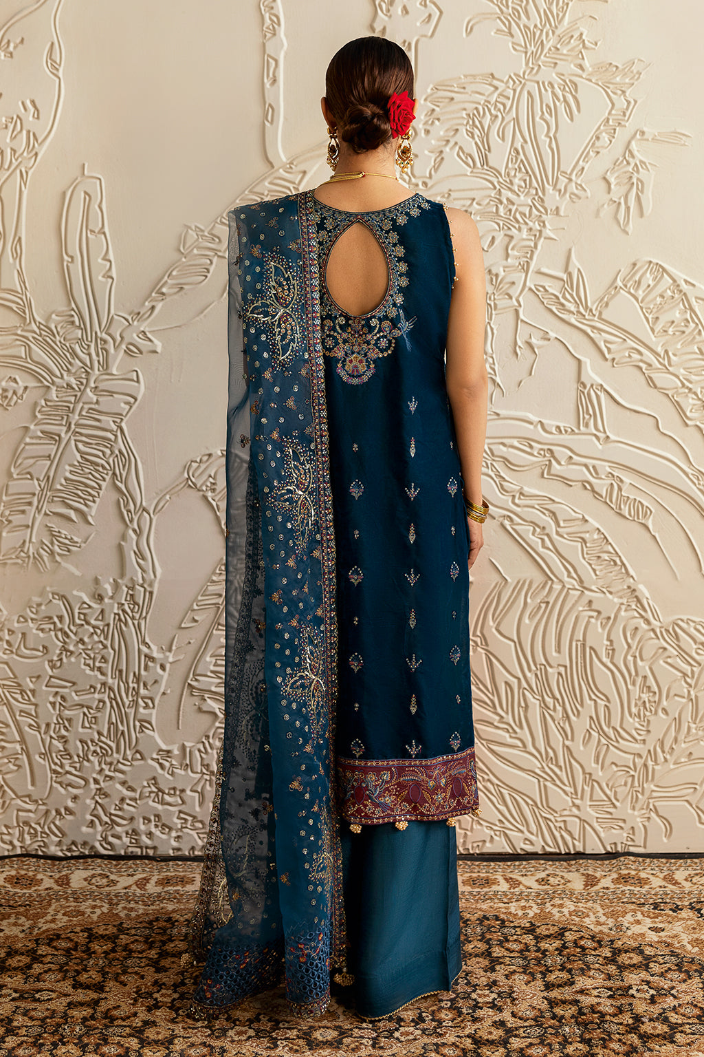 Dark Teal Embroidered Velvet 3-Piece Suit | Organza Dupatta & Raw Silk Trouser – Ready to Wear Pakistani Winter Formal UK | Velvet Vol 6 V-604 - View 7