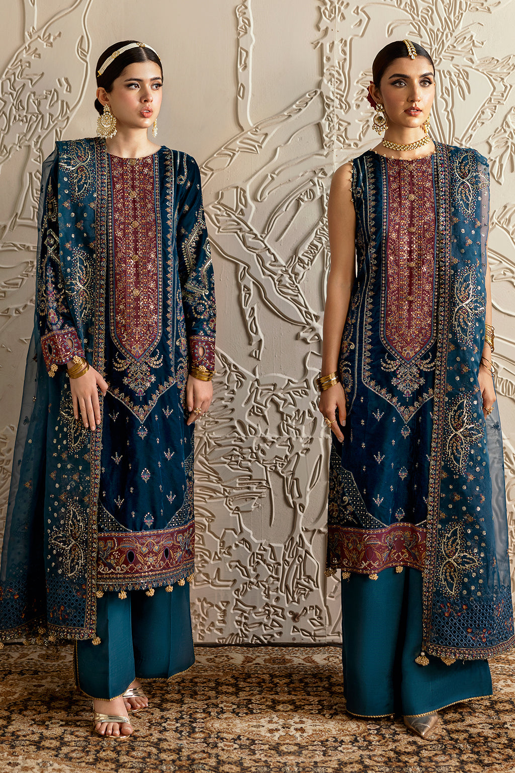 Dark Teal Embroidered Velvet 3-Piece Suit | Organza Dupatta & Raw Silk Trouser – Ready to Wear Pakistani Winter Formal UK | Velvet Vol 6 V-604 - View 3