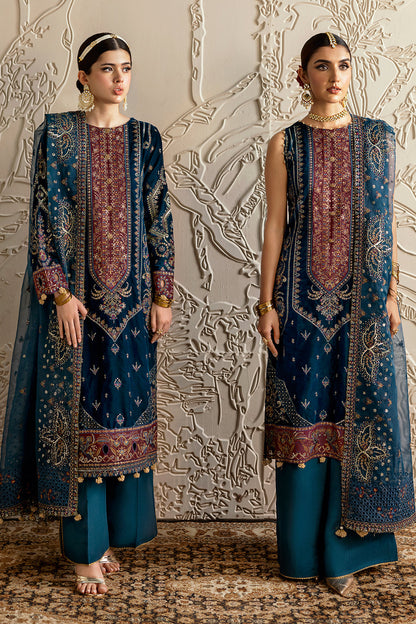 Dark Teal Embroidered Velvet 3-Piece Suit | Organza Dupatta & Raw Silk Trouser – Ready to Wear Pakistani Winter Formal UK | Velvet Vol 6 V-604 - View 3