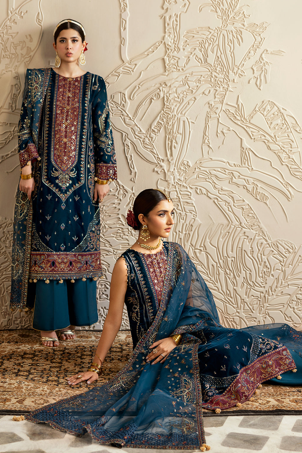 Dark Teal Embroidered Velvet 3-Piece Suit | Organza Dupatta & Raw Silk Trouser – Ready to Wear Pakistani Winter Formal UK | Velvet Vol 6 V-604 - View 8