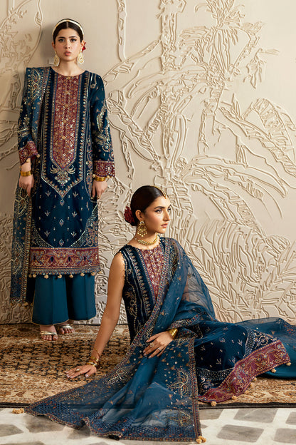 Dark Teal Embroidered Velvet 3-Piece Suit | Organza Dupatta & Raw Silk Trouser – Ready to Wear Pakistani Winter Formal UK | Velvet Vol 6 V-604 - View 8
