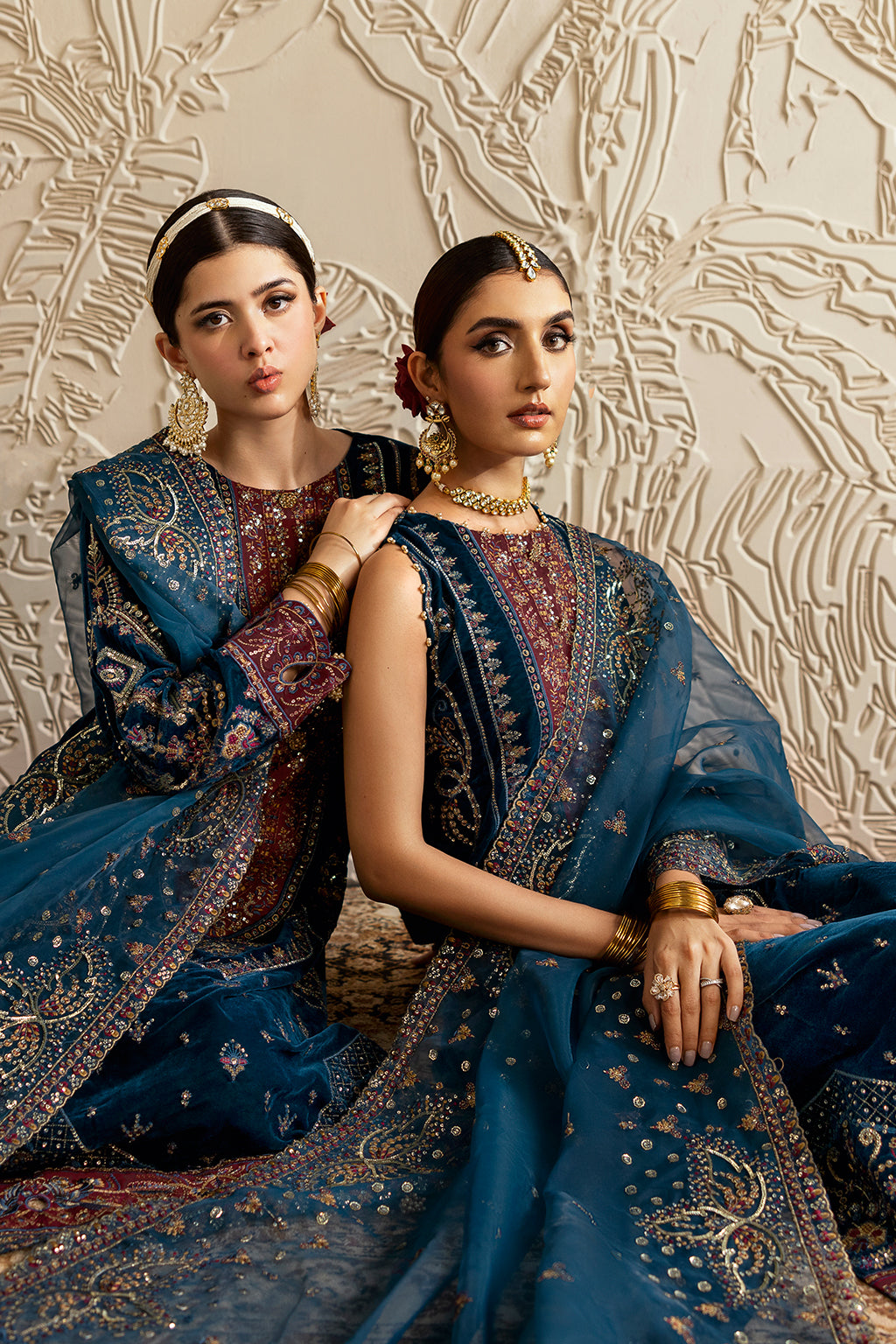 Dark Teal Embroidered Velvet 3-Piece Suit | Organza Dupatta & Raw Silk Trouser – Ready to Wear Pakistani Winter Formal UK | Velvet Vol 6 V-604 - View 9