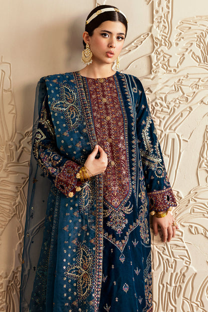 Dark Teal Embroidered Velvet 3-Piece Suit | Organza Dupatta & Raw Silk Trouser – Ready to Wear Pakistani Winter Formal UK | Velvet Vol 6 V-604 - View 10