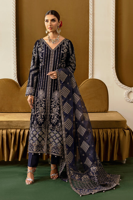 Purple Embroidered Velvet Flared Gown Suit | Organza Dupatta & Raw Silk Trouser – Ready to Wear Pakistani Winter Formal UK | Velvet Vol 6 V-608 - View 1