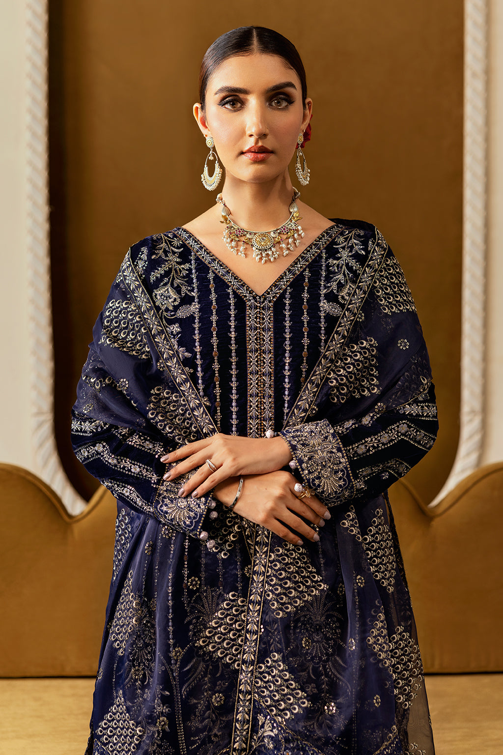 Purple Embroidered Velvet Flared Gown Suit | Organza Dupatta & Raw Silk Trouser – Ready to Wear Pakistani Winter Formal UK | Velvet Vol 6 V-608 - View 7