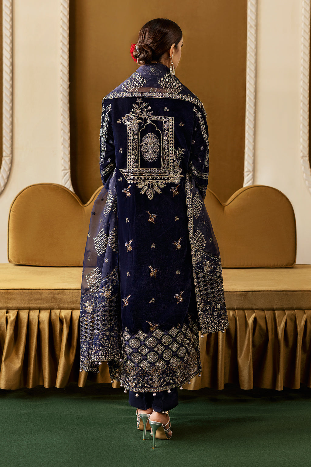 Purple Embroidered Velvet Flared Gown Suit | Organza Dupatta & Raw Silk Trouser – Ready to Wear Pakistani Winter Formal UK | Velvet Vol 6 V-608 - View 3