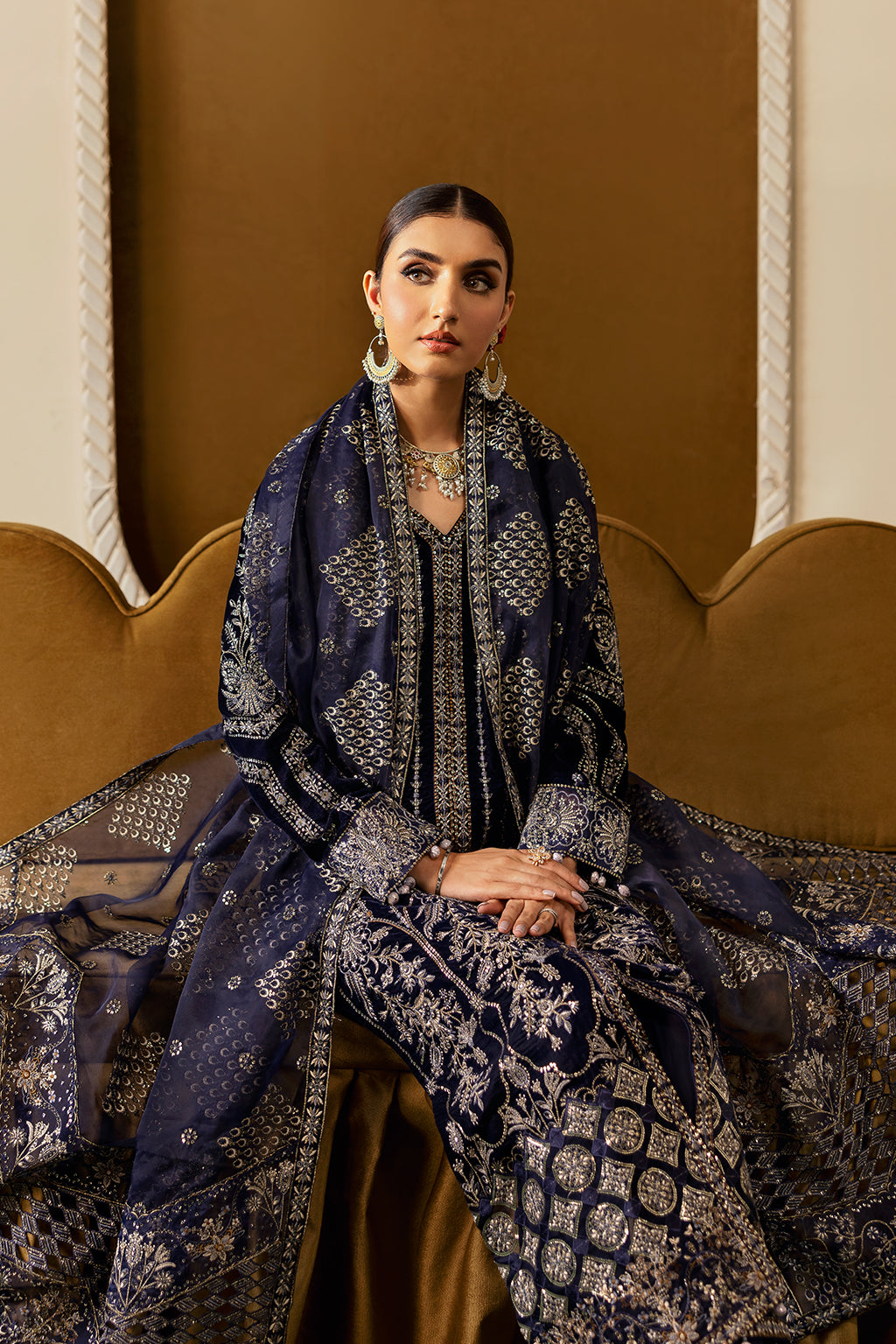 Purple Embroidered Velvet Flared Gown Suit | Organza Dupatta & Raw Silk Trouser – Ready to Wear Pakistani Winter Formal UK | Velvet Vol 6 V-608 - View 8
