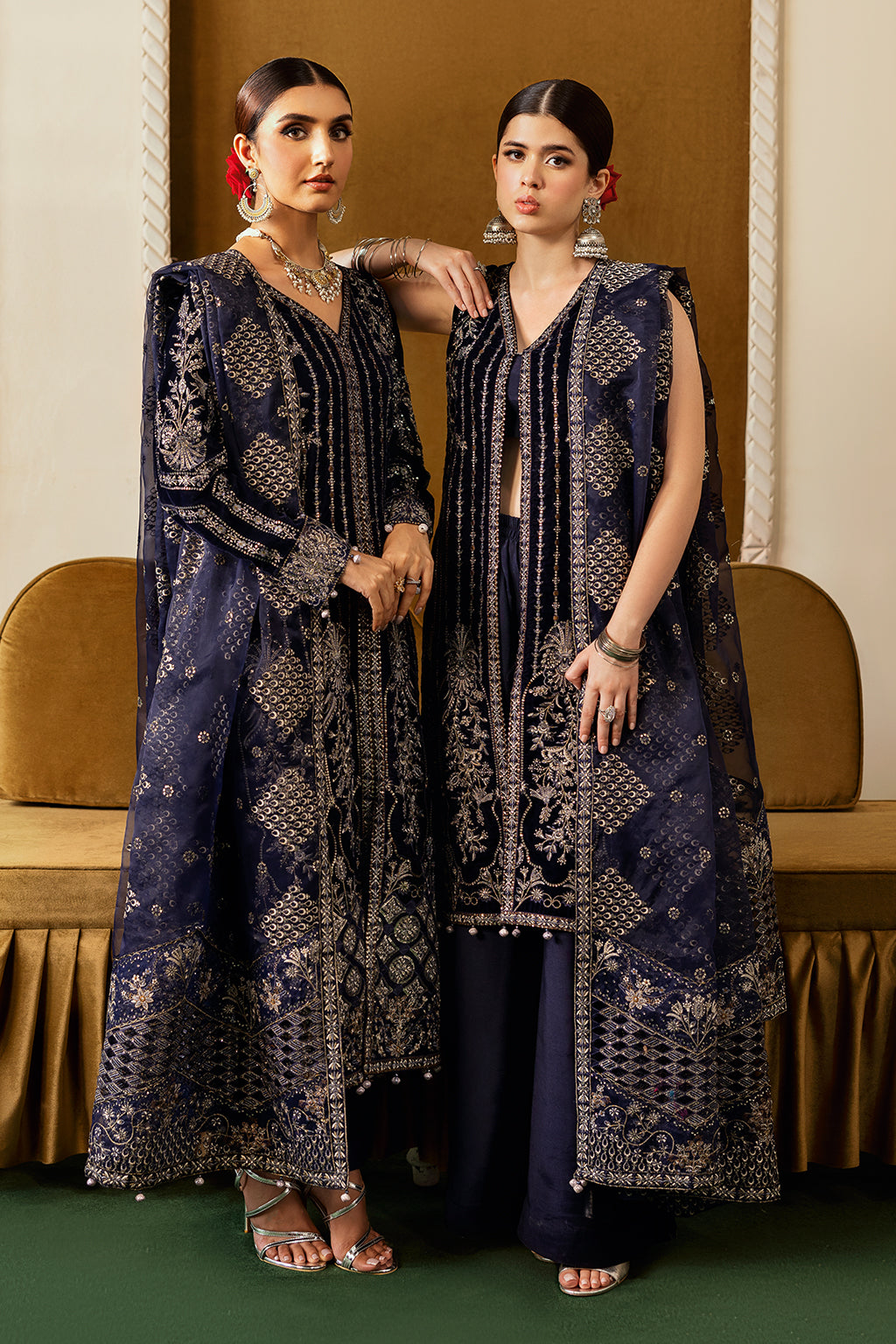 Purple Embroidered Velvet Flared Gown Suit | Organza Dupatta & Raw Silk Trouser – Ready to Wear Pakistani Winter Formal UK | Velvet Vol 6 V-608 - View 9