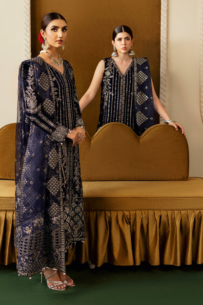 Purple Embroidered Velvet Flared Gown Suit | Organza Dupatta & Raw Silk Trouser – Ready to Wear Pakistani Winter Formal UK | Velvet Vol 6 V-608 - View 10