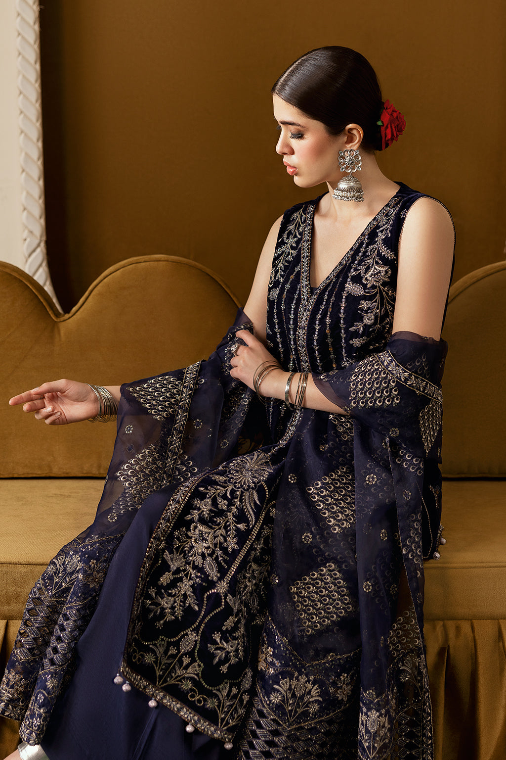 Purple Embroidered Velvet Flared Gown Suit | Organza Dupatta & Raw Silk Trouser – Ready to Wear Pakistani Winter Formal UK | Velvet Vol 6 V-608 - View 11