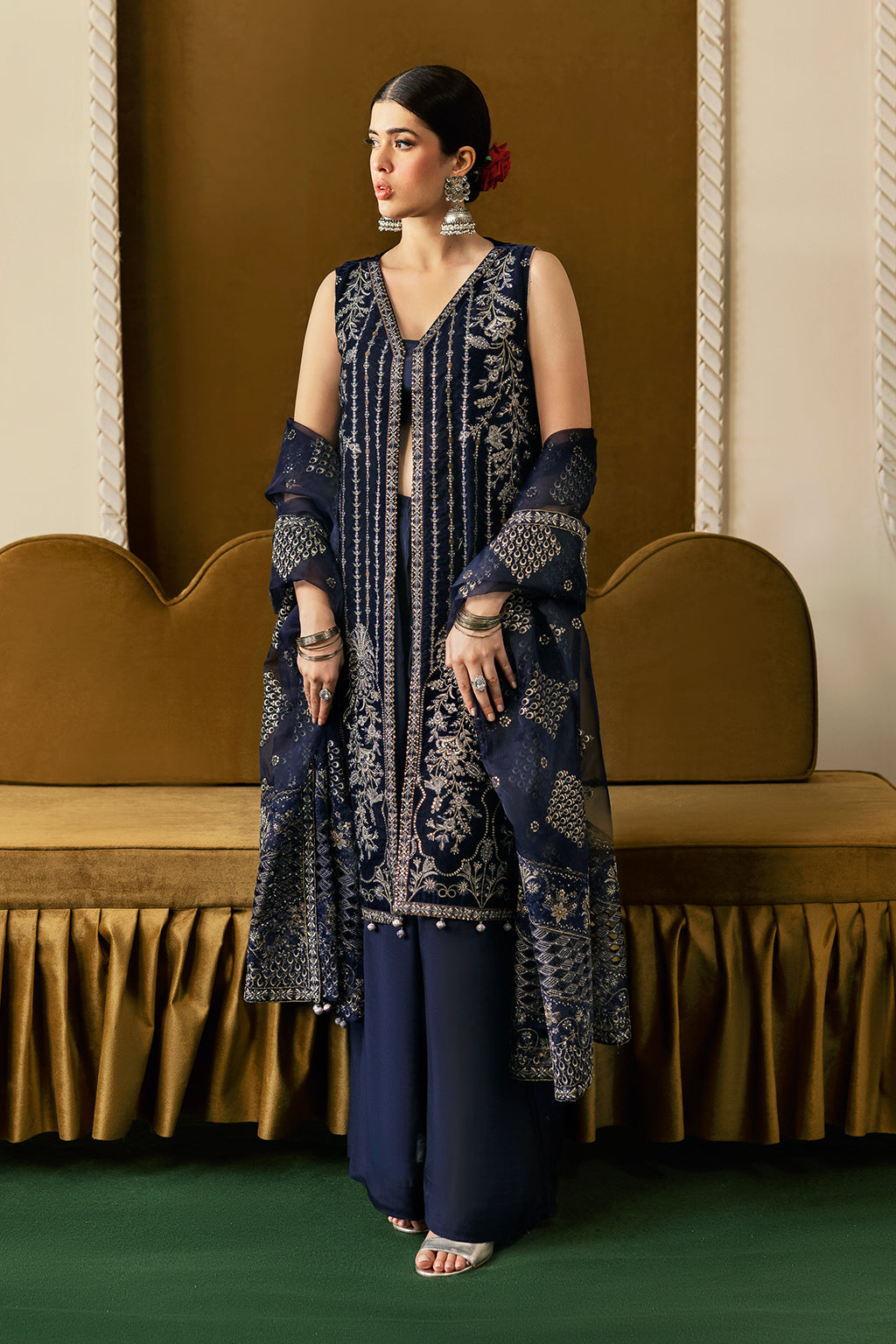 Purple Embroidered Velvet Flared Gown Suit | Organza Dupatta & Raw Silk Trouser – Ready to Wear Pakistani Winter Formal UK | Velvet Vol 6 V-608 - View 2