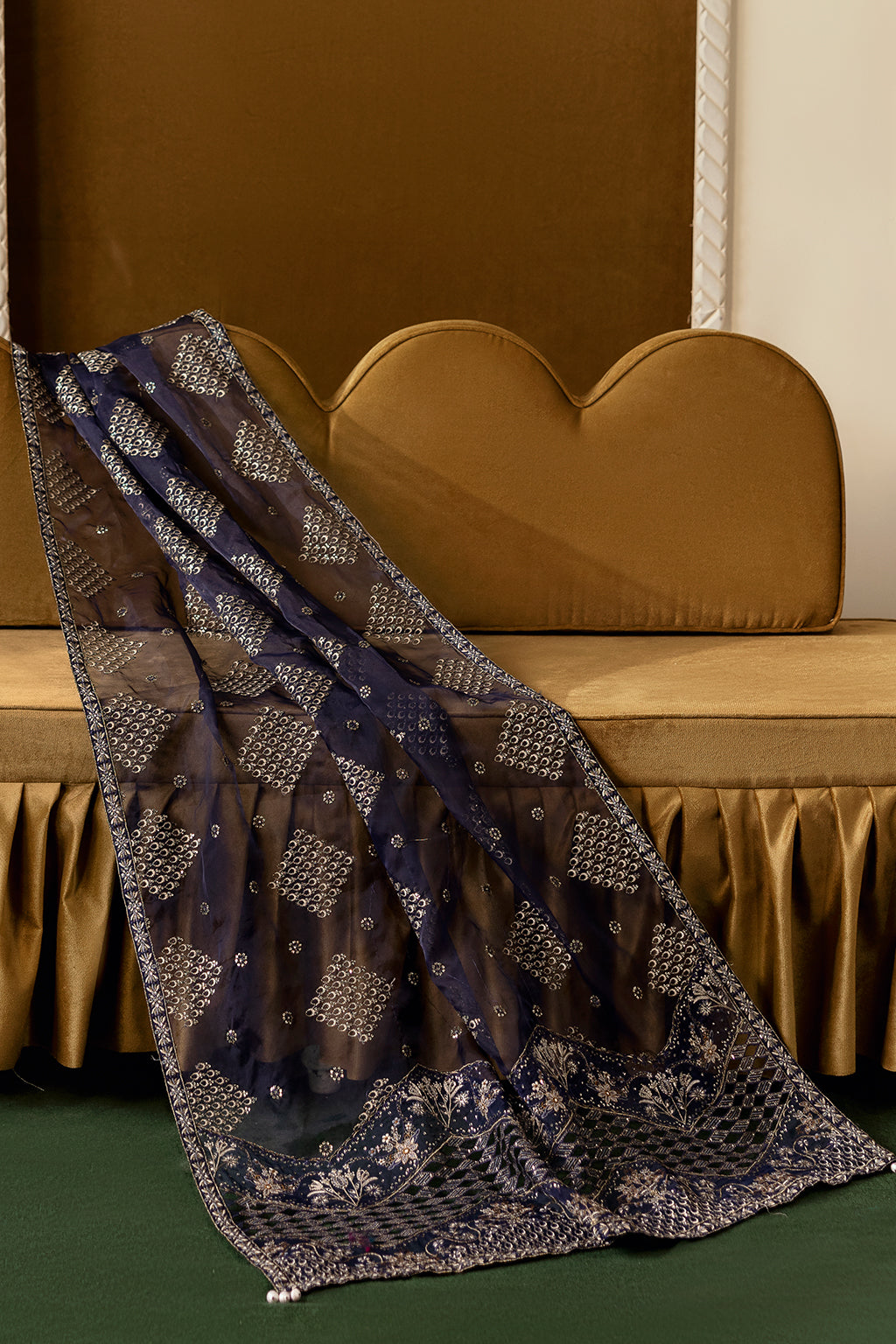 Purple Embroidered Velvet Flared Gown Suit | Organza Dupatta & Raw Silk Trouser – Ready to Wear Pakistani Winter Formal UK | Velvet Vol 6 V-608 - View 12