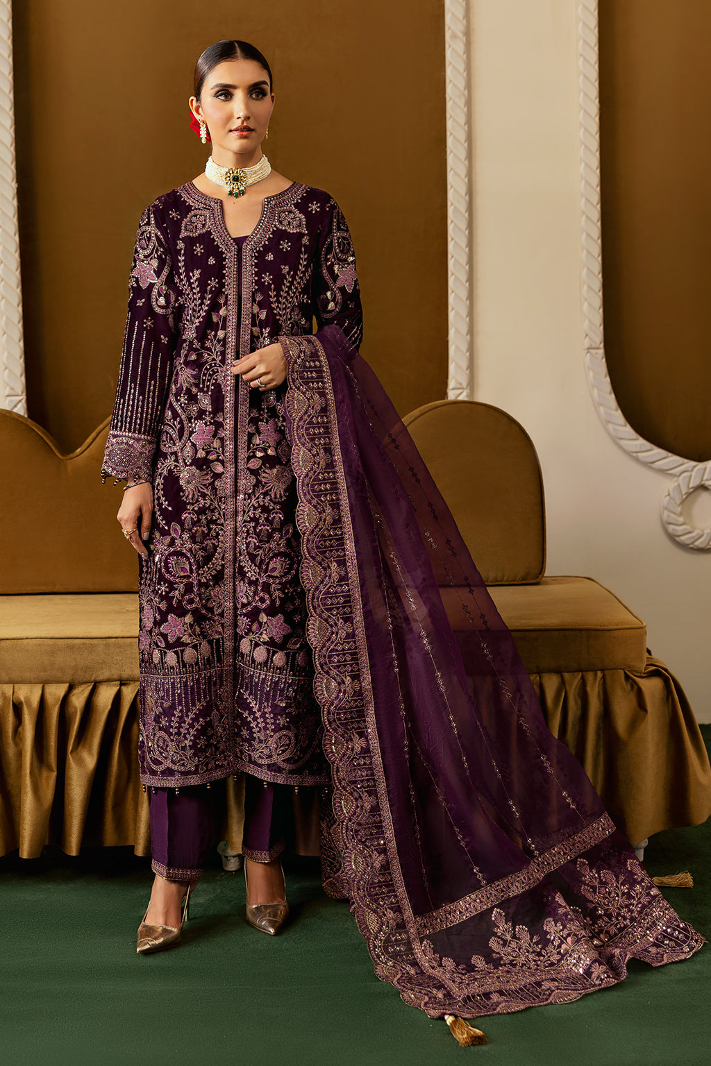 Plum Embroidered Velvet Flared Gown Suit | Organza Dupatta & Raw Silk Trouser – Readymade Pakistani Winter Formal UK | Velvet Vol 6 V-605 - View 5