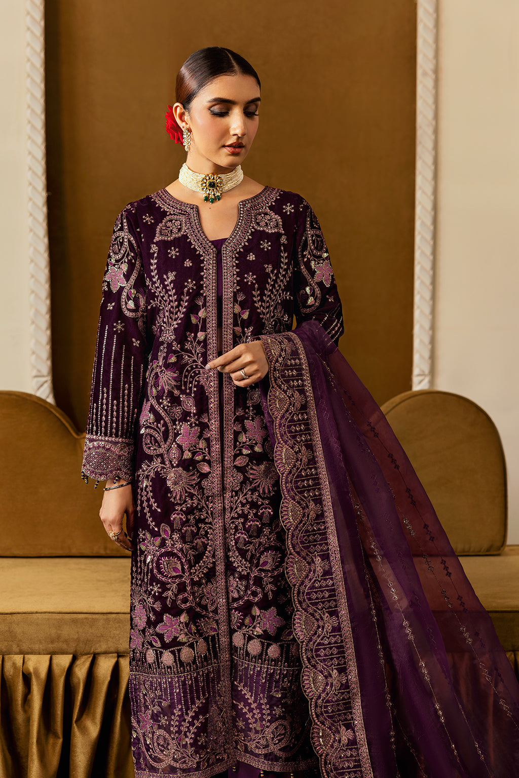 Plum Embroidered Velvet Flared Gown Suit | Organza Dupatta & Raw Silk Trouser – Readymade Pakistani Winter Formal UK | Velvet Vol 6 V-605 - View 6