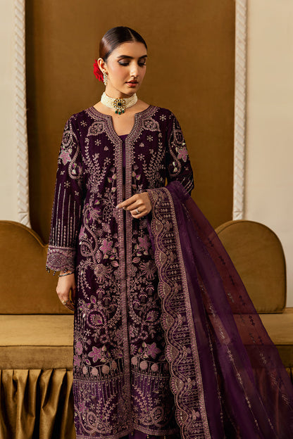 Plum Embroidered Velvet Flared Gown Suit | Organza Dupatta & Raw Silk Trouser – Readymade Pakistani Winter Formal UK | Velvet Vol 6 V-605 - View 6