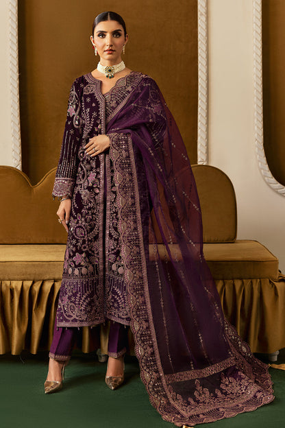 Plum Embroidered Velvet Flared Gown Suit | Organza Dupatta & Raw Silk Trouser – Readymade Pakistani Winter Formal UK | Velvet Vol 6 V-605 - View 2