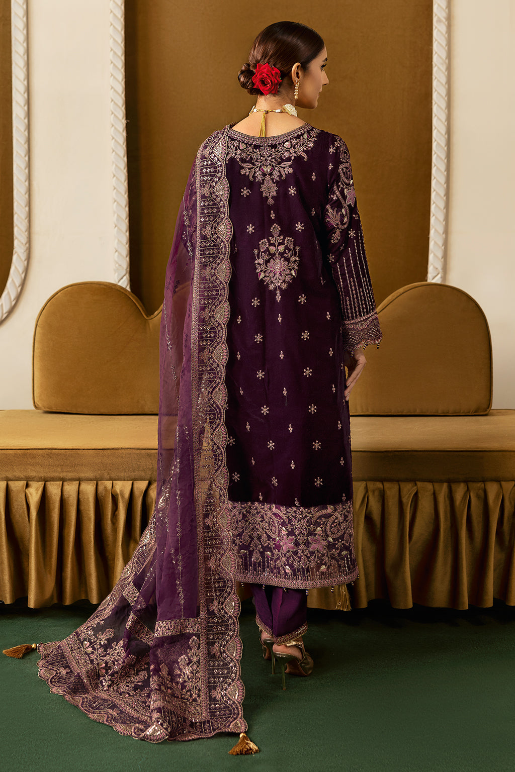 Plum Embroidered Velvet Flared Gown Suit | Organza Dupatta & Raw Silk Trouser – Readymade Pakistani Winter Formal UK | Velvet Vol 6 V-605 - View 4