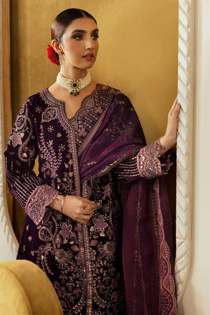 Plum Embroidered Velvet Flared Gown Suit | Organza Dupatta & Raw Silk Trouser – Readymade Pakistani Winter Formal UK | Velvet Vol 6 V-605 - View 7