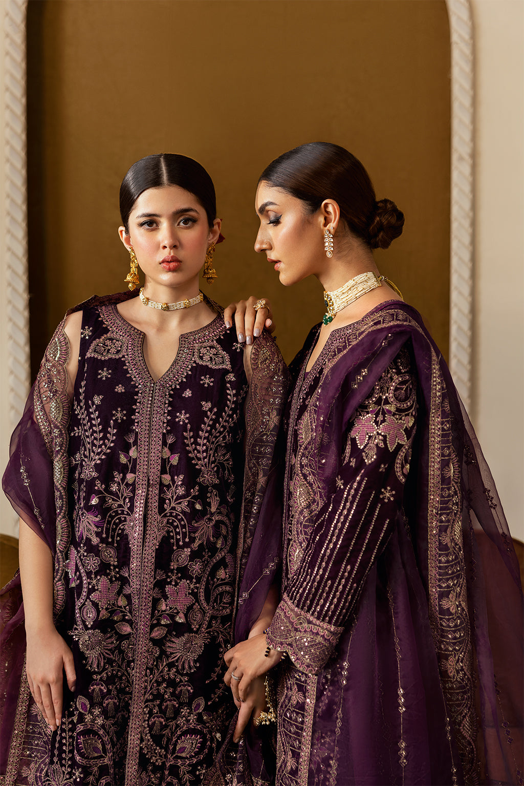 Plum Embroidered Velvet Flared Gown Suit | Organza Dupatta & Raw Silk Trouser – Readymade Pakistani Winter Formal UK | Velvet Vol 6 V-605 - View 8