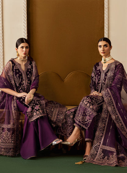 Plum Embroidered Velvet Flared Gown Suit | Organza Dupatta & Raw Silk Trouser – Readymade Pakistani Winter Formal UK | Velvet Vol 6 V-605 - View 9