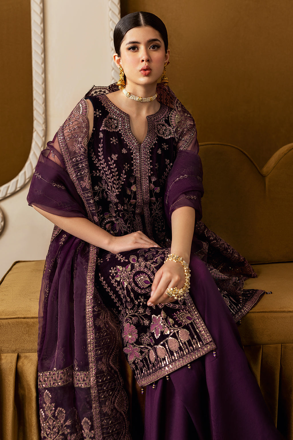 Plum Embroidered Velvet Flared Gown Suit | Organza Dupatta & Raw Silk Trouser – Readymade Pakistani Winter Formal UK | Velvet Vol 6 V-605 - View 10
