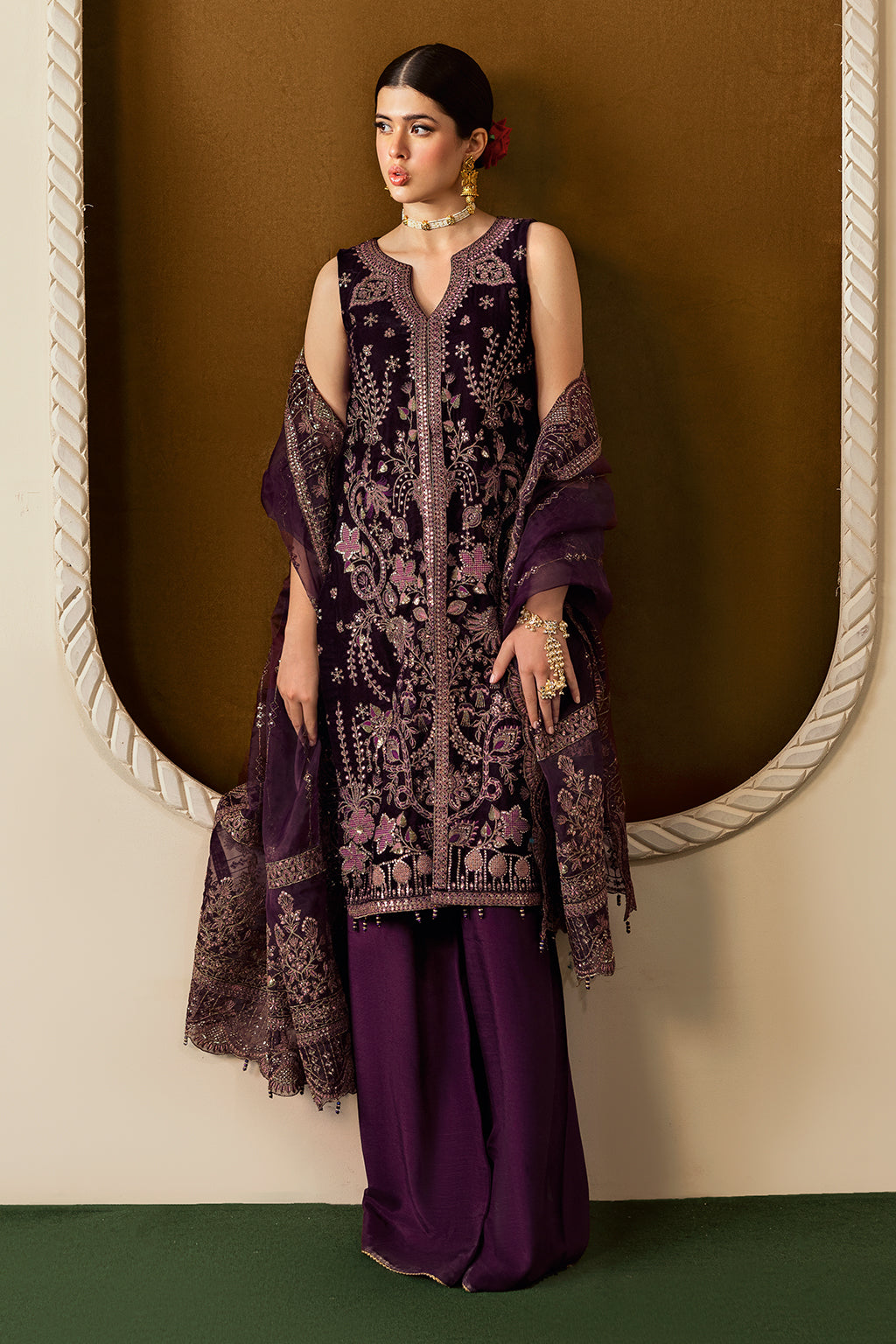 Plum Embroidered Velvet Flared Gown Suit | Organza Dupatta & Raw Silk Trouser – Readymade Pakistani Winter Formal UK | Velvet Vol 6 V-605 - View 1