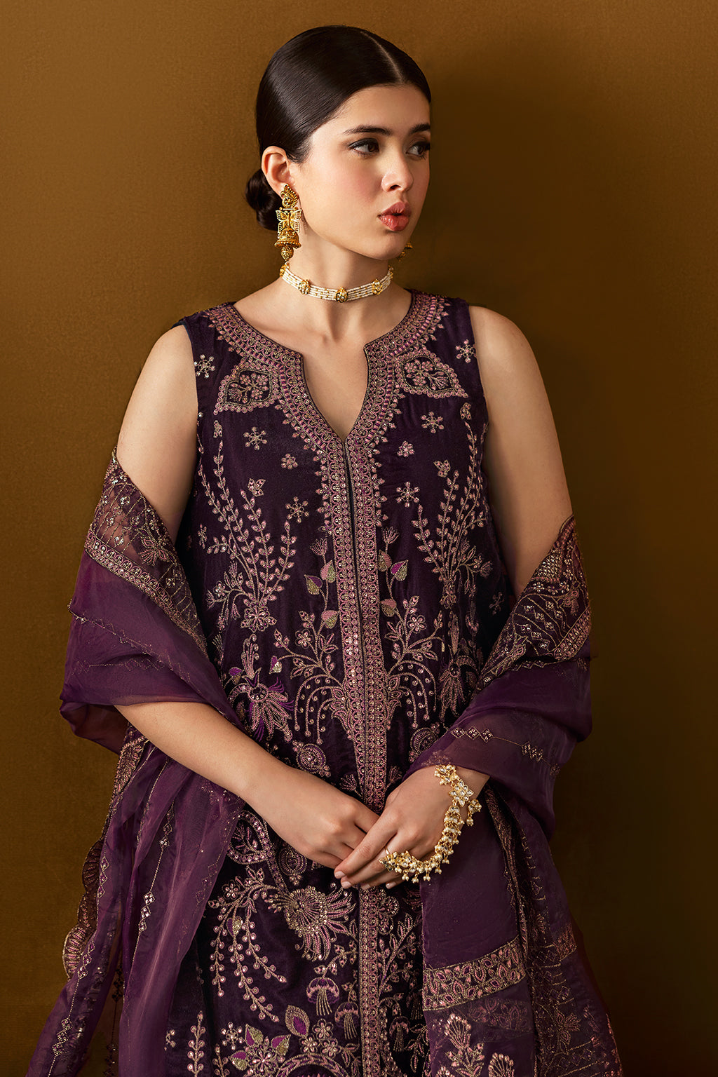 Plum Embroidered Velvet Flared Gown Suit | Organza Dupatta & Raw Silk Trouser – Readymade Pakistani Winter Formal UK | Velvet Vol 6 V-605 - View 11